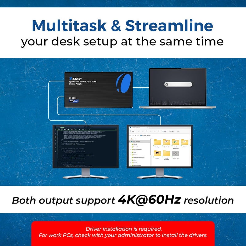 OREI SplitExtend 4K HDMI Splitter Extended Display for Dual Monitor - Multi-Monitor Display 3 Separate Screens - USB A & USB-C Adapter to HDMI 2.0, 4K@60hz, DisplayLink Driver MacOS, Windows - Image 4